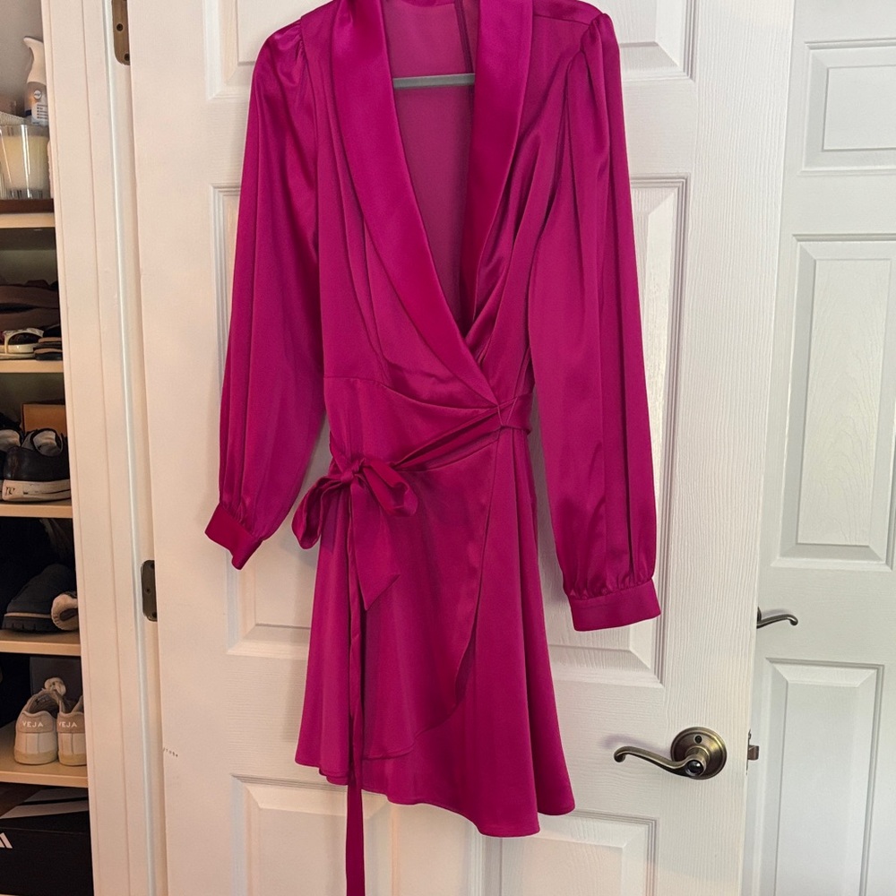 Vince Camuto Fuchsia Satin Wrap Dress with Long Sleeves